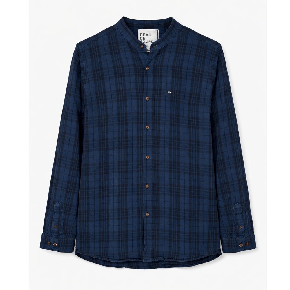 Peau De Loup Blue Black‎ Plaid Band Collar Button Up Shirt Long Sleeve Unisex 16